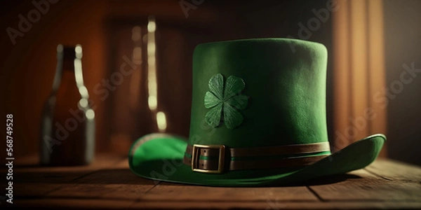 Obraz Happy St Patrick's Day. A green leprechaun hat with shamrock rests on a wooden table. Background for the banner. Themed holiday concept. Generative AI