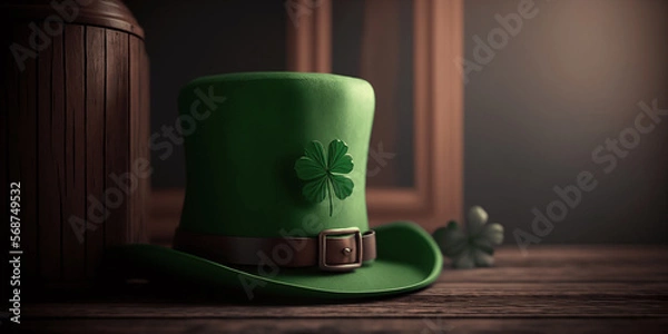 Obraz Happy St Patrick's Day. Green leprechaun hat with shamrock in the tavern. Dark background for the banner. Holiday concept. Generative AI