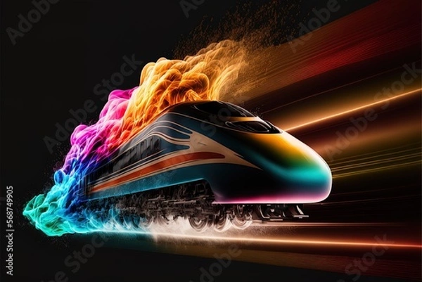 Obraz A bullet train burning on fire of different colors with dark background, Generative ai.	