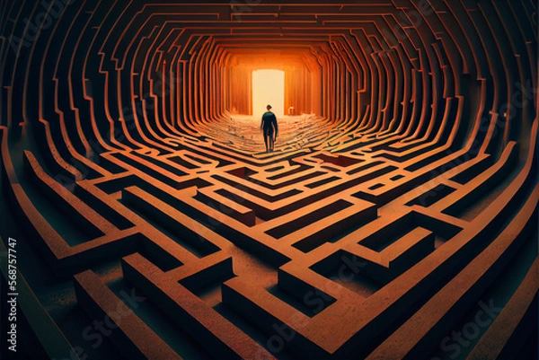 Obraz man lost in a complex labyrinth. Abstract labyrinth way. maze. High quality ai generated illustration.