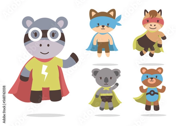 Fototapeta Bundle of isolated cute animal cartoon super hero characters flat