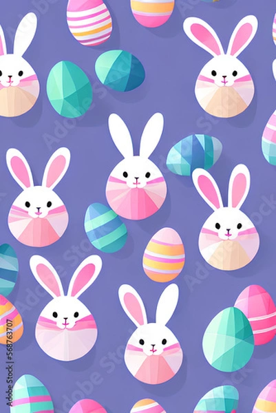 Fototapeta Easter Egg Bunny And Decorative Easter Eggs With Plain Purple Background created with Generative AI technology