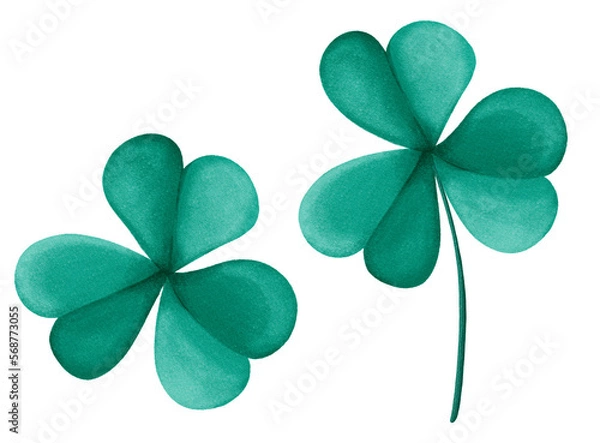 Fototapeta Digital illustration of irish shamrock or clover. Stylized decorative symbol of St.Patrick's Day and Ireland. Hand-drawn clipart in a watercolor style. Green three leaf clover on the stem and without.