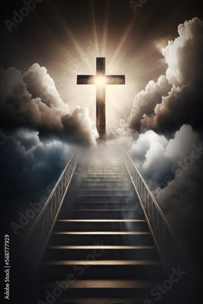 Obraz stairway to heaven with christian cross. religion and faith concepts. generative ai