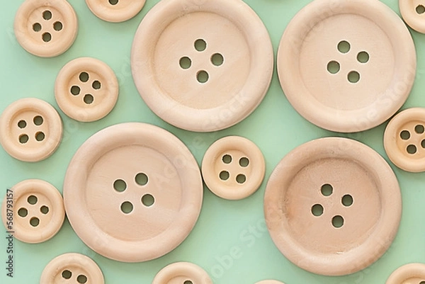 Fototapeta wooden buttons on a green background. a lot of wooden buttons .the symbol of women's needlework
