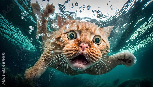 Fototapeta Illustration of a cat underwater, generative ai