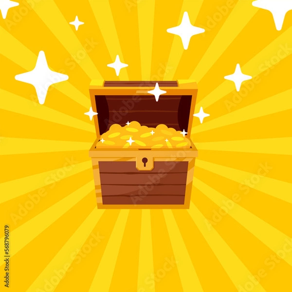 Fototapeta Open mystery wooden chest has a golden coin. Treasure on Yellow background. Precious treasure concept. Vector illustration cartoon flat design.
