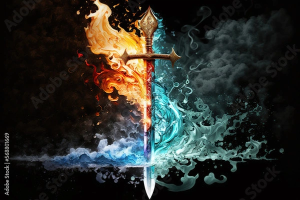 Fototapeta Magic fantasy sword of the four elements, fire, water, earth, air, Generative AI