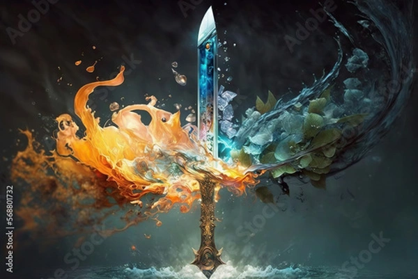 Fototapeta Beautiful magical fantasy sword of the elements, fire, water, earth, air, Generative AI
