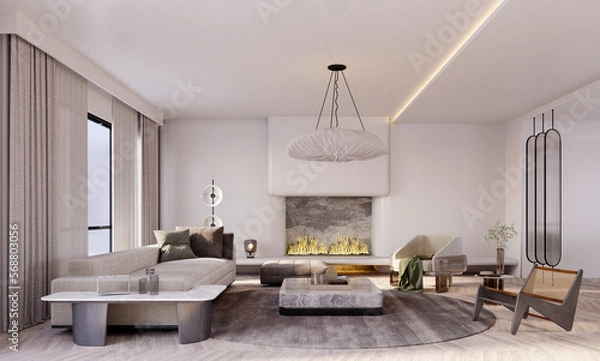 Obraz 3d rendering,3d illustration, Interior Scene and  Mockup,Living Room Interior design,The large sofa in the room uses bright colors.