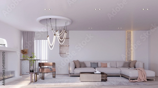 Obraz 3d rendering,3d illustration, Interior Scene and  Mockup,Living Room Interior design,The large sofa in the room uses bright colors.