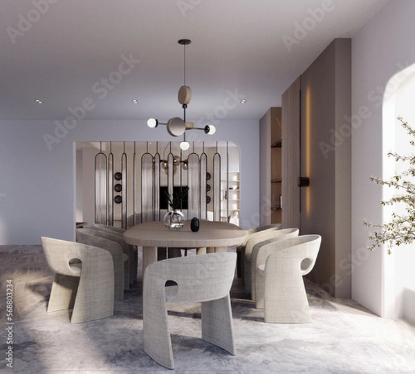 Obraz 3d rendering,3d illustration, Interior Scene and  Mockup,dinning room in the mock up,white wall.