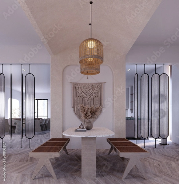 Obraz 3d rendering,3d illustration, Interior Scene and  Mockup,dinning room in the mock up,white wall.