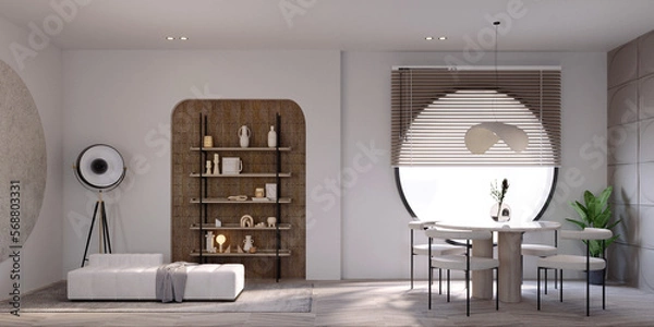 Obraz 3d rendering,3d illustration, Interior Scene and  Mockup,dinning room in the mock up,white wall.