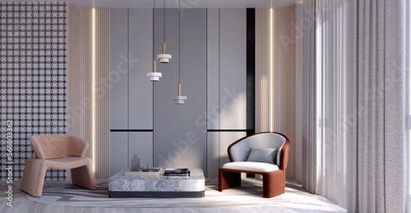 Obraz 3d rendering,3d illustration, Interior Scene and  Mockup,armchairs and walls decorate the room.