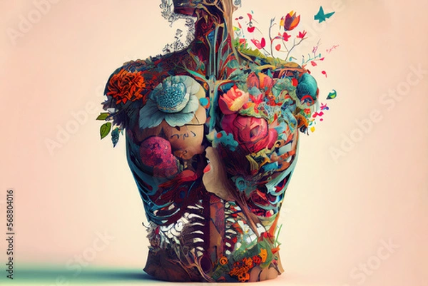 Obraz Generative AI illustration of human body model covered with bright flowers