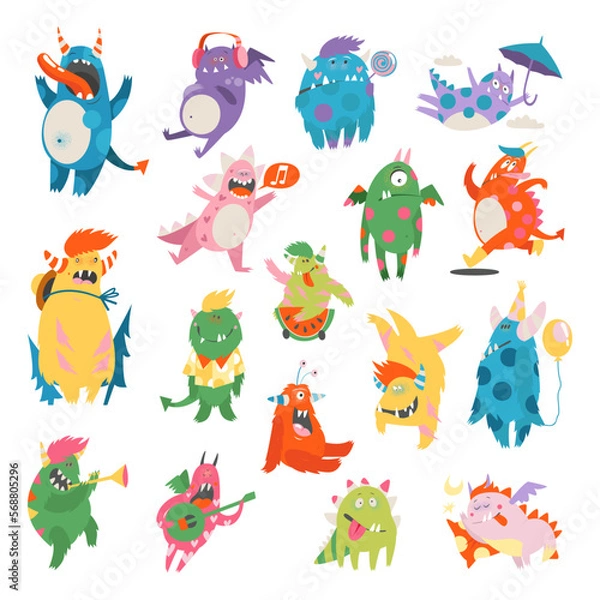 Fototapeta Comic Monsters with Horns and Wings Playing Trumpet and Having Fun Big Vector Set