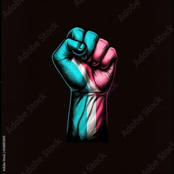 Fototapeta Hand with fist raised in the colors of the Transgender Community flag claiming their rights. Created with Generative AI technology. International Transgender Day of Visibility, March 31.