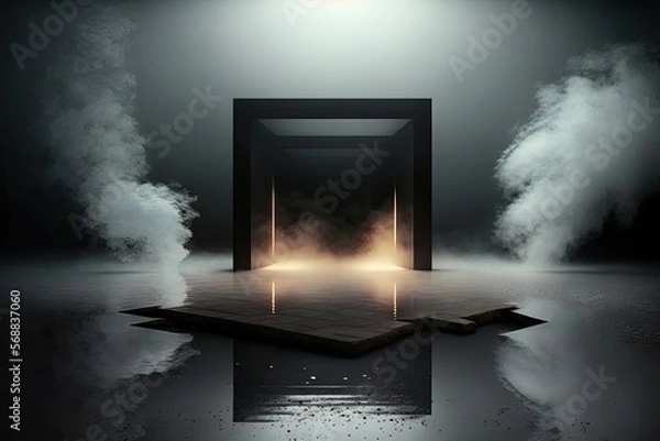 Fototapeta Empty night dark scene with neon light and thick smoke, neon reflection on wet concrete pavement. AI