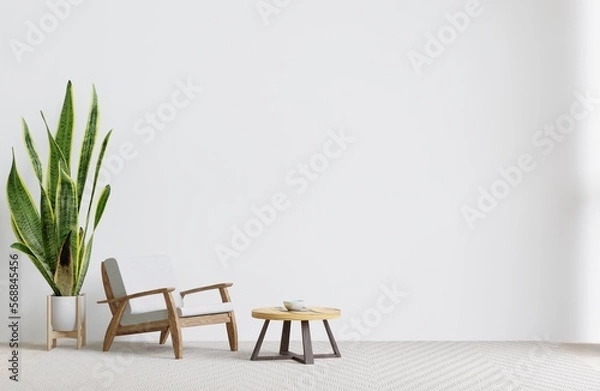 Fototapeta big white living room.interior design,big chair,wooden table,carpet wall for mock up and copy space