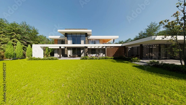 Fototapeta Modern house on a beautiful green area. House in modern style. 3D visualization