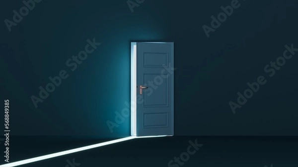Fototapeta 3d render of bright light shining through an ajar door into a dark room