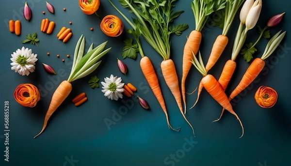 Obraz Carrot Flat Lay on Dark Background, Spring Easter Concept
