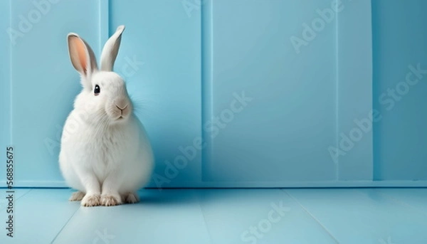 Obraz Adorable White Bunny on Light Blue Background