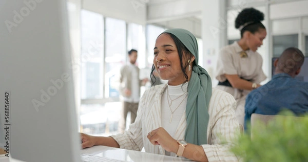 Fototapeta Creative, black woman and planning on computer for idea, vision and checking in office. Goal, businesswoman and online project by happy, smile and thinking for email, internet and search or proposal