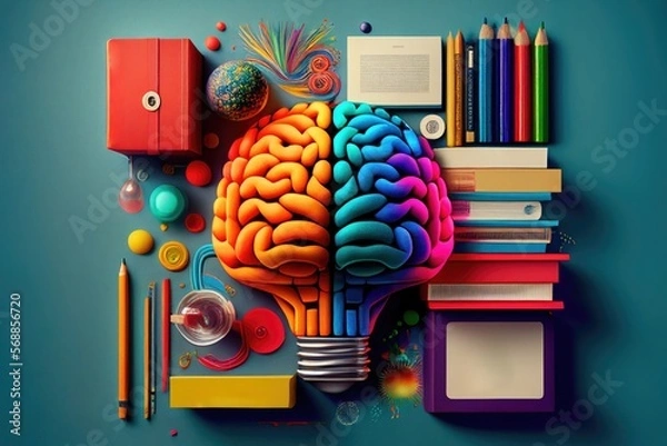 Fototapeta Colorful lightbulb brain with books and stationery, education concept, ai generated