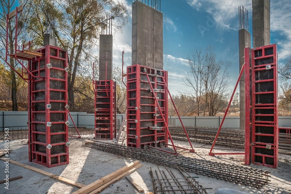 Obraz Vertical formwork panels on the construction of a residential building.