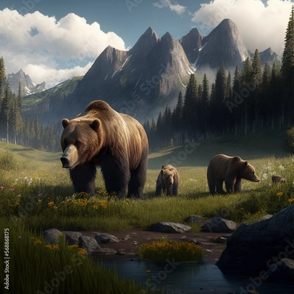 Fototapeta A family of grizzly bears foraging for food in a meadow