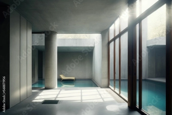 Fototapeta Indoor pool room interior design, modern concrete, made with Generative AI