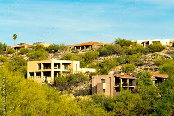 Obraz Row of modern mansions in the sonora desert with house and homes in the hills and moutain landscapes of arizona