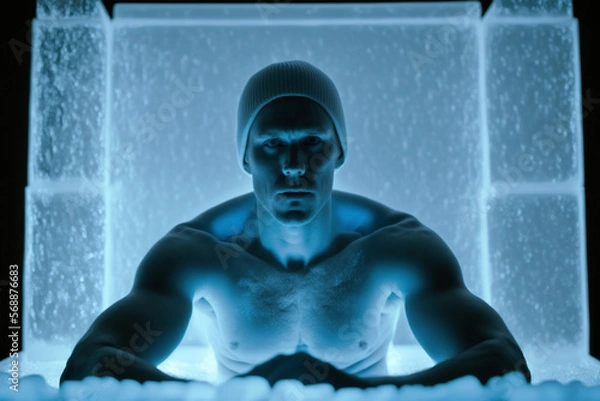 Fototapeta A person sitting in an ice bath surrounded by ice cubes and with a look of determination on their face.  the sensation of coldness.