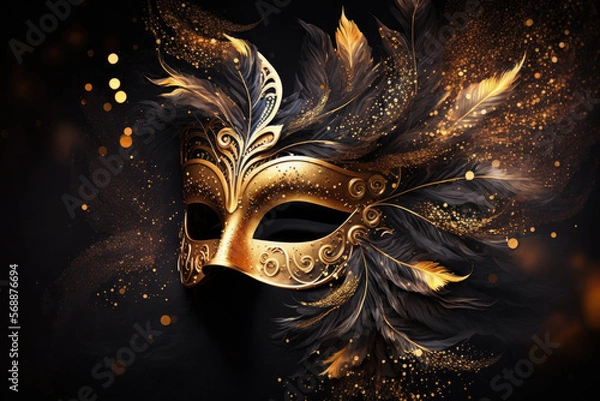 Fototapeta Luxury Mardi Gras golden mask with feathers. Dark background with shining bokeh effect and golden dust glitter. Banner of a venetian carnival concept with copy space. Generative AI.