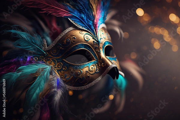 Fototapeta Mardi Gras mask with colorful feathers. Dark background with shining bokeh effect. Banner of a venetian carnival concept with copy space. Generative AI.