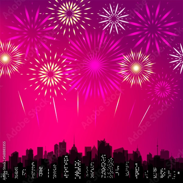 Fototapeta City skyline with festive fireworks. Glowing light over the city. Vector holiday cityscape background