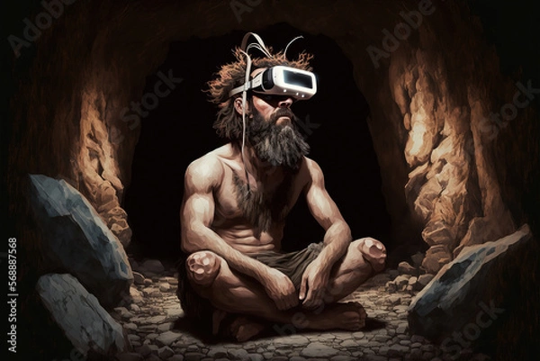 Fototapeta caveman with VR Headset imagining the universe through metaverse, generative ai