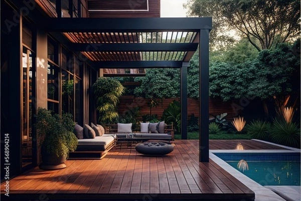 Fototapeta Backyard living space with outdoor furniture next to pool under a pergola, AI assisted finalized in Photoshop by me 
