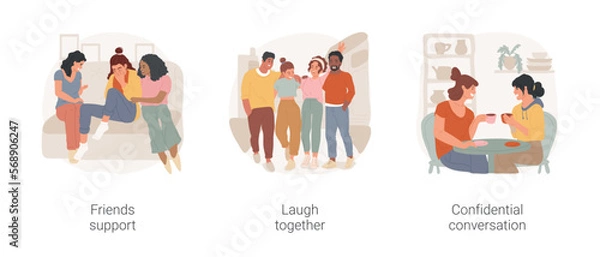 Obraz Good friends isolated cartoon vector illustration set. Friends support, giving a hug, support each other, group of people laugh together, confidential conversation, sharing thoughts vector cartoon.
