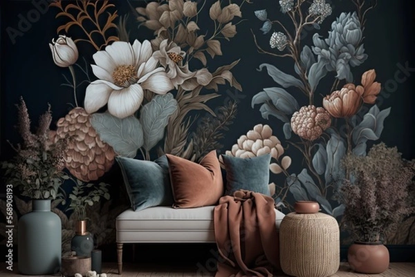 Fototapeta a cozy boho wallpaper design and interior decor featuring muted boho florals with muted greens and rust, AI assisted finalized in Photoshop by me