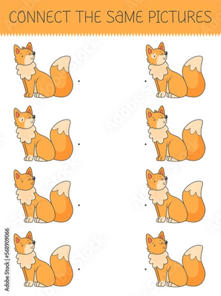 Fototapeta Connect the same pictures game with a cute cartoon fox. Children's game with a fox. Vector illustration.