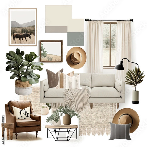 Fototapeta a cozy and minimalist farmhouse design decor mockup featuring muted boho decor with muted neutral tones, AI assisted finalized in Photoshop by me