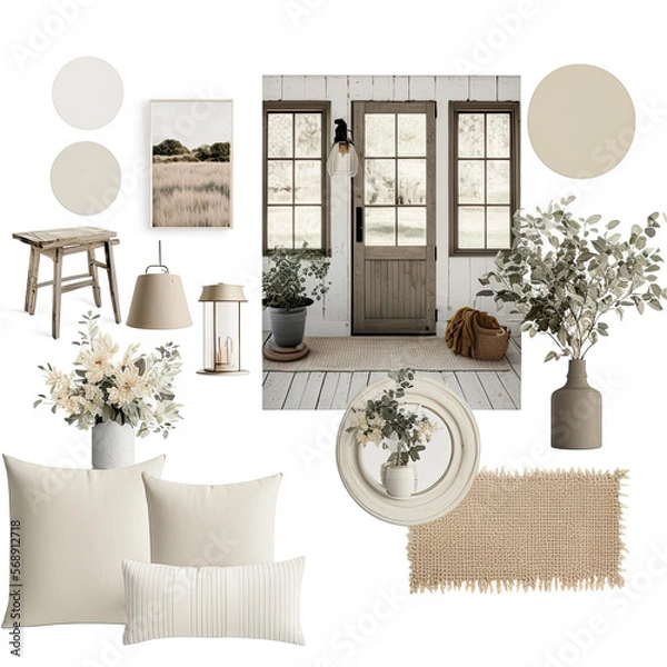 Fototapeta a cozy and minimalist farmhouse design decor mockup featuring muted boho decor with muted neutral tones, AI assisted finalized in Photoshop by me