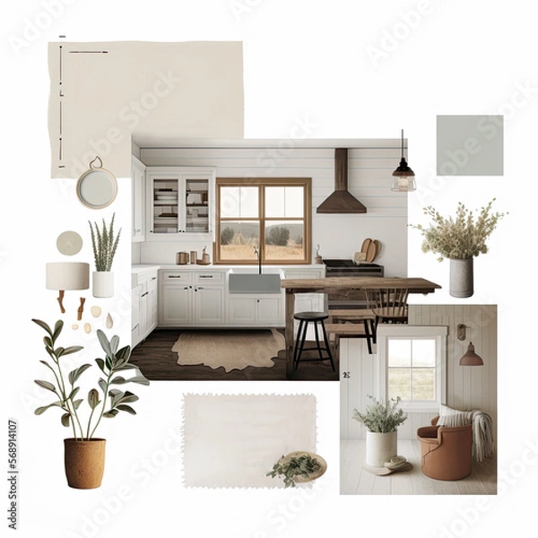 Fototapeta a cozy and minimalist farmhouse design decor mockup featuring muted boho decor with muted neutral tones, AI assisted finalized in Photoshop by me