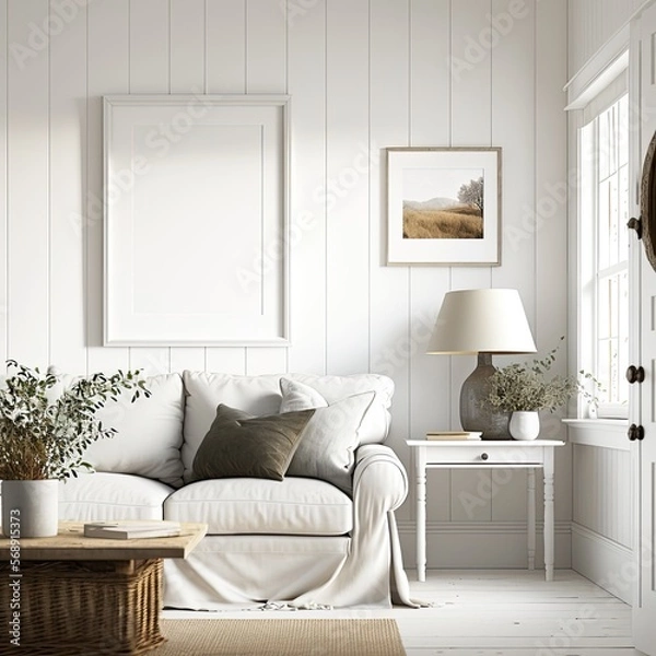 Fototapeta modern white colored living room with sofa and mockup picture frame, boho style, AI assisted finalized in Photoshop by me