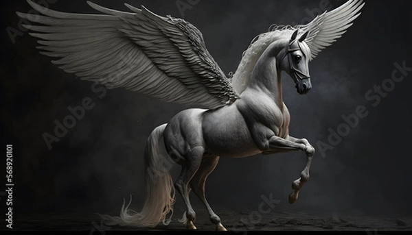 Obraz black and white pegasus horse on black background