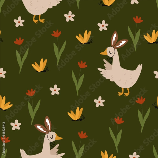 Fototapeta seamless pattern with easter goose and flower