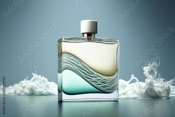 Fototapeta Perfumery, luxury fragrance in nautical style. Concept made with empty perfume bottle and stylized waves. Created with Generative AI technology.